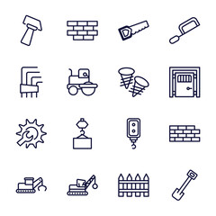 set of construction thin line icons. construction outline icons such as inclined hammer, big saw, , two screws, wrench and gear, derrick with tong, derrick with ball, garden fence, inclined shovel