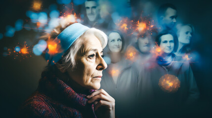 The image showcases a group of senior individuals engaged in various activities, highlighting their vulnerable state. Some appear anxious while others exhibit signs of dementia