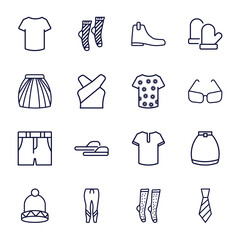 set of clothes and outfit thin line icons. clothes and outfit outline icons such as cotton polo shirt, leather chelsea boots, tulle skirt, t shirt with de, denim shorts, knit hat with pom pom,