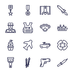 set of military and war and thin line icons. military and war outline icons such as militaty medal, torture, lieutenant, knuckle, naval, revolt, combat, pistol, knife vector.