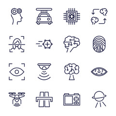set of ai and future technology thin line icons. ai and future technology outline icons such as business, quantum computing, face recognition, future brain, eye tracking, unmanned aerial vehicle, © Abstract