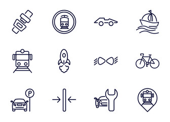 set of transportation thin line icons. transportation outline icons such as seatbelt, tram stop label, formula 1, _icon19_, train front view, car parking, slim, car repair vector.