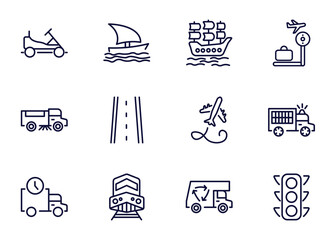 set of transportation thin line icons. transportation outline icons such as go kart, sailing boat, galleon, _icon19_, road sweeper, shipping and delivery, diesel train, recycling truck vector.