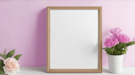 Blank picture frame mockup with white wall floral border by Generative AI