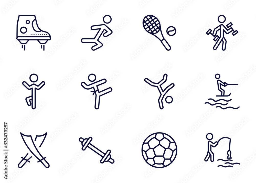 Wall mural set of sport and games thin line icons. sport and games outline icons such as flying shoes, wushu, tennis game, _icon19_, yoga posture, saber, weighted bars, football ball vector.