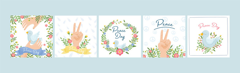 Fototapeta na wymiar Peace Day Card with Pigeon, Floral Wreath and Hand Vector Set