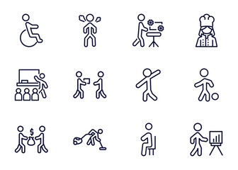 Fototapeta premium set of humans and behavior thin line icons. humans and behavior outline icons such as wheel chair, angry man, hine repair, _icon19_, classroom, people trading, vacuum cleaning, sitting down vector.