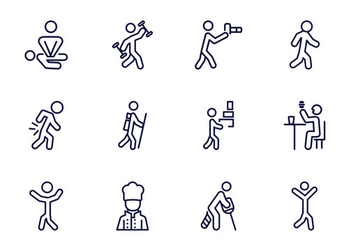 set of humans and behavior thin line icons. humans and behavior outline icons such as cpr, fitness exercises, nature photographer, _icon19_, pain, man dancing, kitchen chef, broken leg vector.