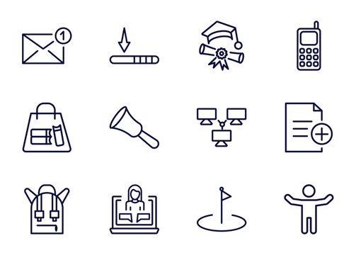 set of education and science thin line icons. education and science outline icons such as new email, window scrolling left, graduation pictures, _icon19_, bag of books, school bag, online class,