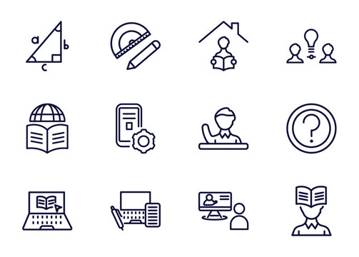 set of distance learning thin line icons. distance learning outline icons such as trigonometry, study tools, homework, _icon19_, learning, elearning, blended online training vector.