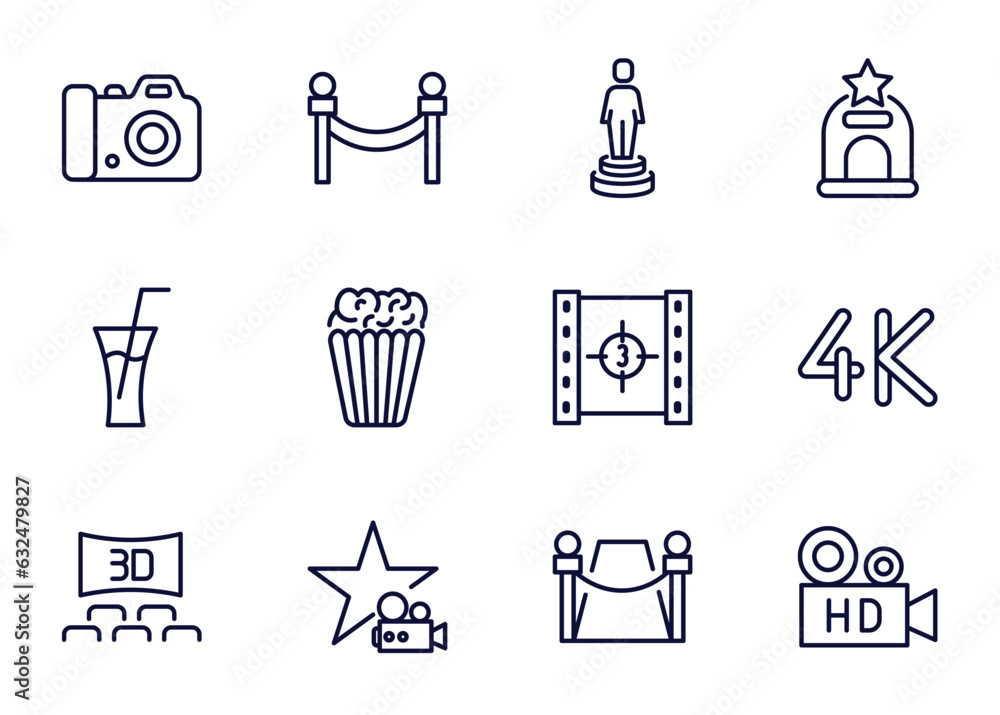 Wall mural set of cinema and theater thin line icons. cinema and theater outline icons such as dslr camera, cinema borders, movie award, _icon19_, drink with straw, 3 dimension screen, famous star, red carpet