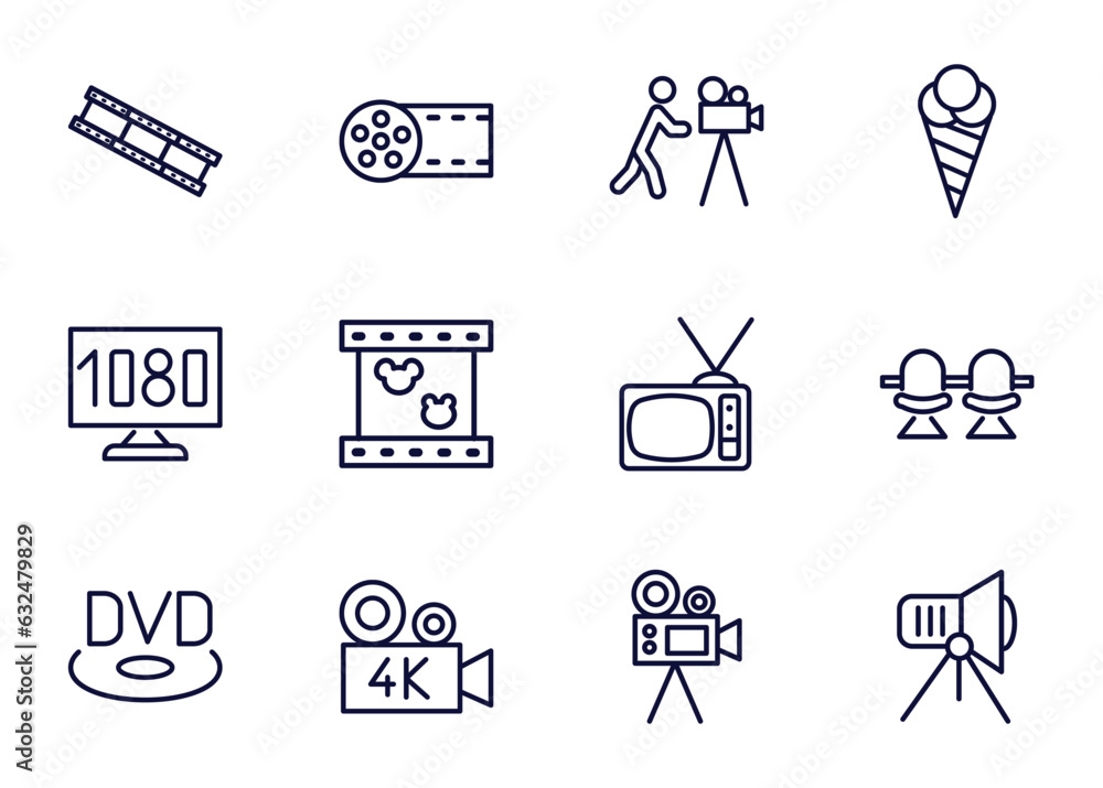 Wall mural set of cinema and theater thin line icons. cinema and theater outline icons such as film negatives, big film roll, cameraman, _icon19_, 1080p hd tv, dvd, 4k fullhd, movie camera vector.