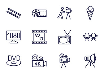 Fototapeta premium set of cinema and theater thin line icons. cinema and theater outline icons such as film negatives, big film roll, cameraman, _icon19_, 1080p hd tv, dvd, 4k fullhd, movie camera vector.