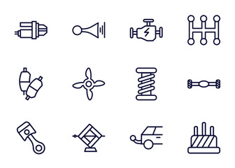 set of car parts thin line icons. car parts outline icons such as car starter, horn, engine, _icon19_, brake pad, cylinder, jack, towbar vector.