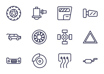 set of car parts thin line icons. car parts outline icons such as car tyre, sump, glove compartment, _icon19_, boot, bumper, disc brake, demister vector.