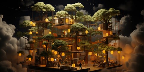 A model of a tree house in the sky. AI.