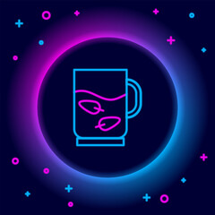 Glowing neon line Cup of tea and leaf icon isolated on black background. Colorful outline concept. Vector