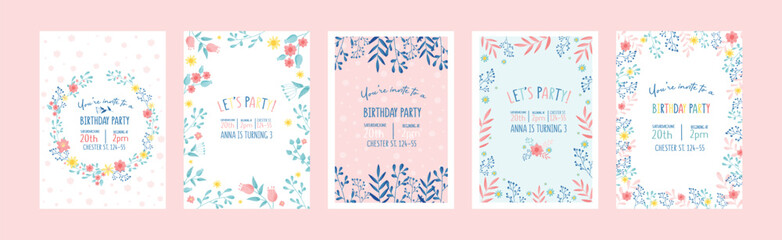 Creative Birthday Card Cover with Floral Branch and Flower Vector Set