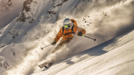 A Skier skiing. Jumping skier. Snowboarding. Extreme winter sports. Skier skiing downhill during sunny day in high mountains. Generative Ai.