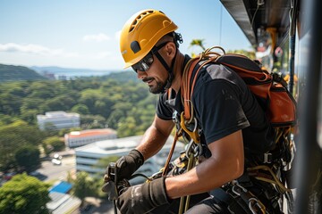 Workers cleaning high-rise windows, equipped with harnesses and hard hats, are carefully suspended by ropes working at height. Generated with AI