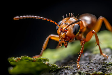Extreme macro close-up photograph of a Ant on a leaf, dark background, in the style of macro photography, generative ai