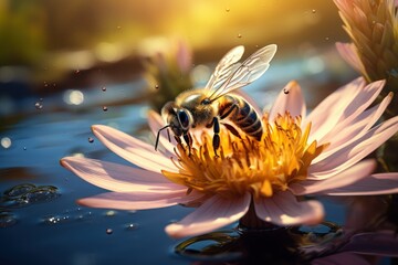 Epic Macro Photography Shot of Honey Bee. Closeup View of Working Bees. Generative Ai
