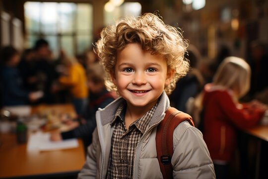 Little Boy Holding Crayon. Early Education and Creative Exploration. Bright School Atmosphere. Fostering Imagination and Learning. Children Thriving in School Environment. Generative Ai