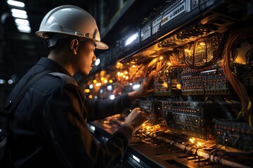 An engineer is splicing fiber optic cables together. This precise task requires technical expertise. Generated with AI