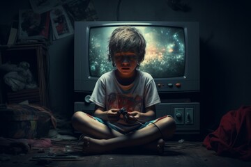 kid playing video games, game addiction concept, Generative AI - obrazy, fototapety, plakaty