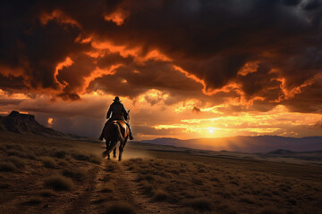Nomadic Trails Western sunset landscape with riders