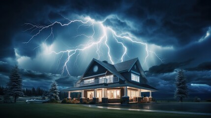 House on Heavy Lightning Thunder Strom Background, Home Insurance Concept. Generative Ai - obrazy, fototapety, plakaty