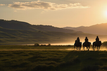 Nomadic Trails Western sunset landscape with riders