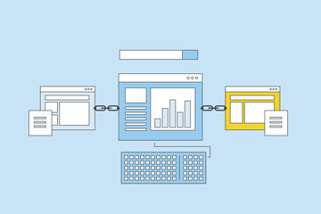 Link building strategy. Website link building. Website content links. Guest posting concept. Vector illustration background.