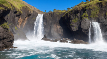 Groups of rock formations standing at a waterfall in the pacific ocean by Generative AI
