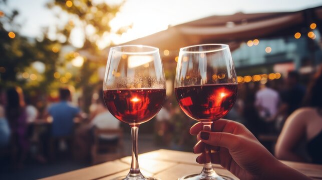 People clinking glasses with wine on the summer terrace of cafe or restaurant, blurred background, 16:9, high quality
