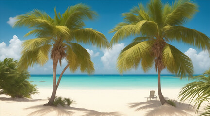 Two palm trees are on a sandy beach in the style of detailed marine views by Generative AI