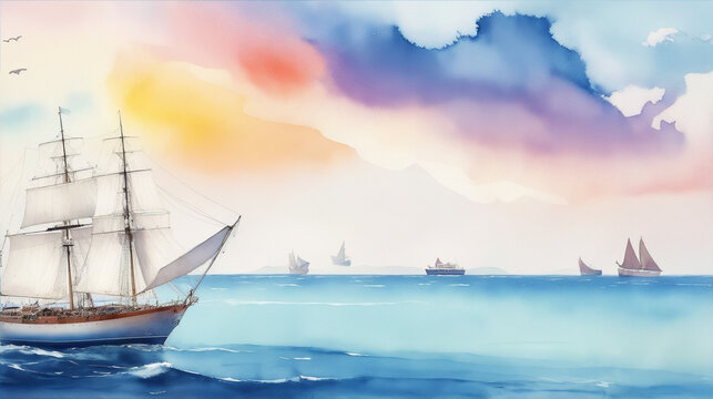 Ship on the sea watercolor oil painting wallpaper background landscape boating by Generative AI