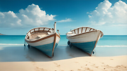 Two boat are on a beach the ocean in the style of serene oceanic vistas by Generative AI