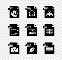 Set MP3 file document, 3DS, RAW, AI, TXT, M3U and GIF icon. Vector