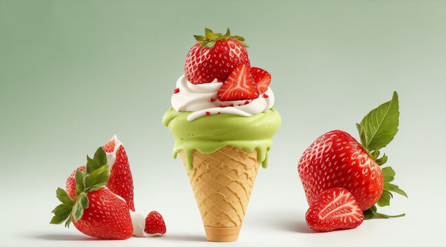 Delicious picture ice cream cone with a matcha with flying strawberries by Generative AI