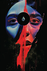Surreal dark image of a woman face with red stripes over it and frightened eyes. A black circle with a water drop between the eyes. Blue, red and black hues.  Surreal and occult vibes.