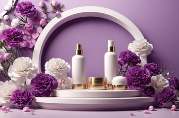 Obraz na płótnie Canvas 3D realistic beauty products presented on a podium with purple carnations and purple circular geometry on pastel background. Mock ups for branding and packaging presentation