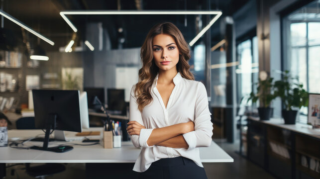 Beautiful businesswoman in a modern office. Generative AI