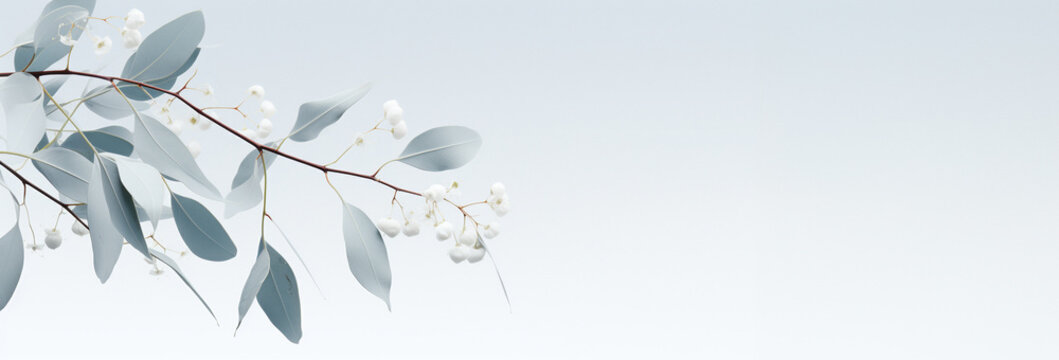 Fototapeta Eucalyptus branch with white flowers and leaves on blue sky. A fresh and natural scene with a delicate and elegant plant. Suitable for wellness, health, or environment themes.