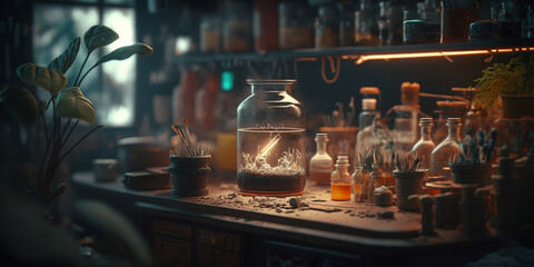 a medieval alchemist's laboratory with various flasks with substances and plants