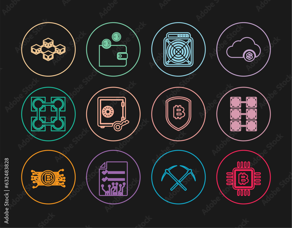 Poster set line cpu mining farm, mining, asic miner, proof of stake, blockchain technology, shield with bit