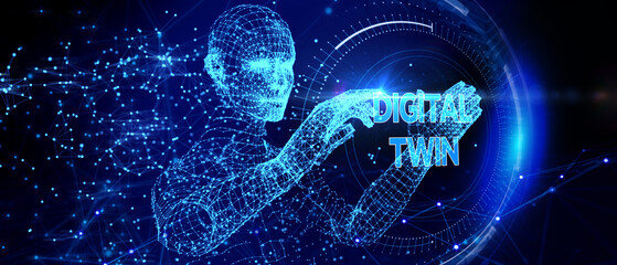 Digital twin industrial technology and manufacturing automation technology. 3d illustration