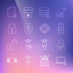 Set line Laptop and lock, Lock check mark, Smartphone with, Server security, Shield, Broken or cracked, Document and Time Management icon. Vector