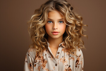 Generative ai studio portrait of cute curly little teen blonde girl on colour background. teenager