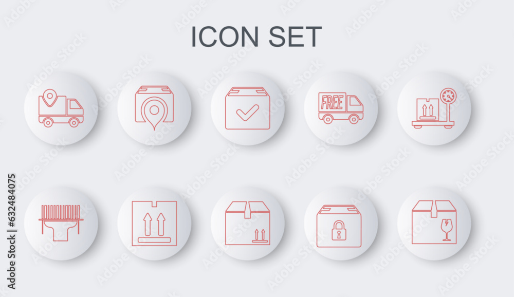 Poster set line delivery box with fragile content, scanner scanning bar code, package check mark, locked pa